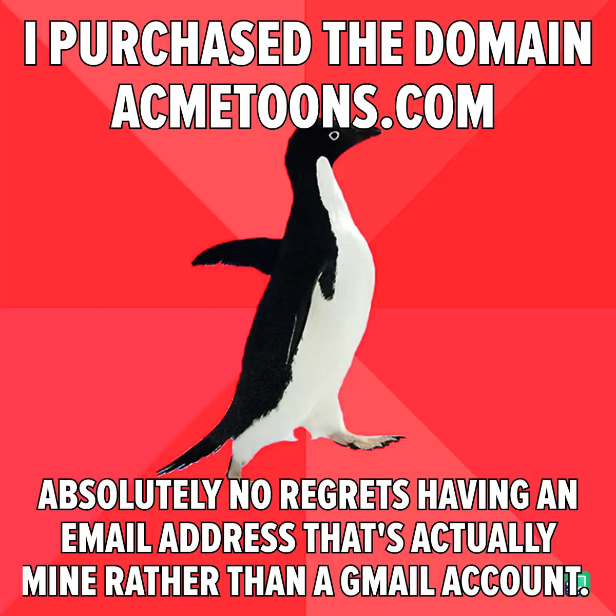 A black-and-white penguin stands against a red background with diagonal stripes. The text at the top reads 'I PURCHASED THE…