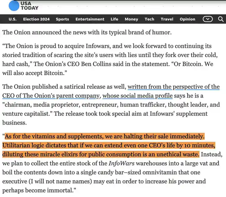 A screenshot of a USA TODAY article excerpt highlighting a satirical statement from The Onion's CEO Ben Collins, mocking the…