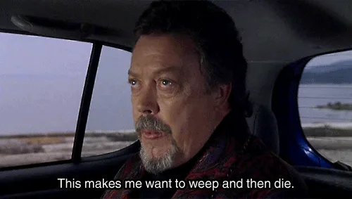 The image shows six panels of actor Robert Patrick in a car, looking out the window with a somber expression. The top row…
