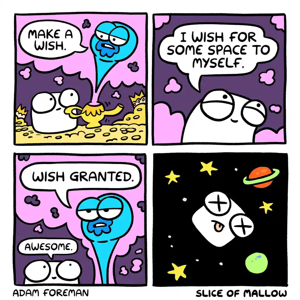 A four-panel comic shows a white marshmallow-like character using a genie lamp. The blue genie tells the character to make a…