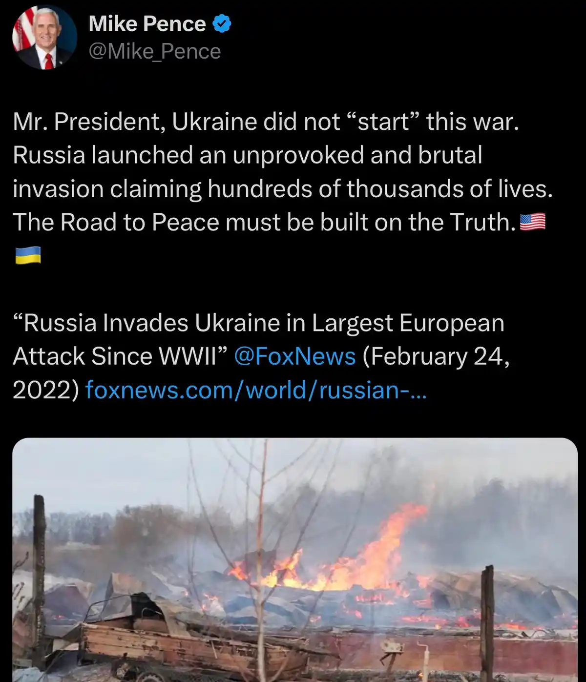 A screenshot of a tweet from Mike Pence's verified Twitter account, which contains a statement blaming Russia for starting…