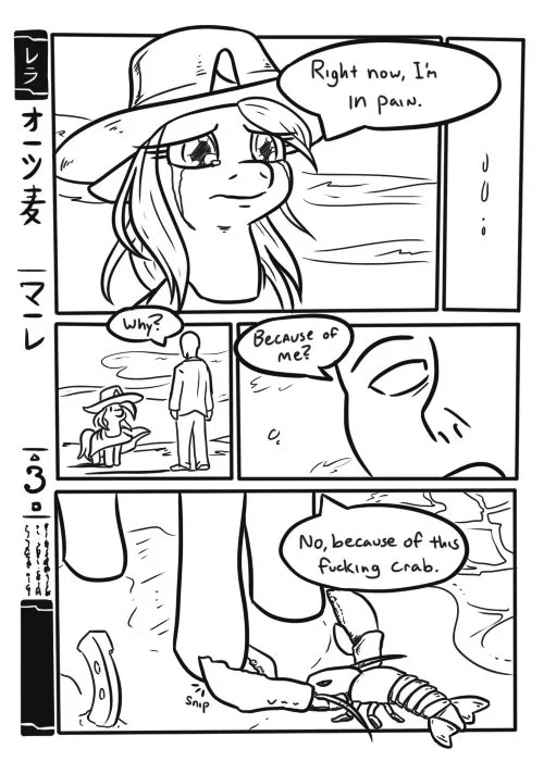 A three-panel black-and-white comic strip shows a woman in a wide-brimmed hat stating she's in pain. A man asks why, and she…