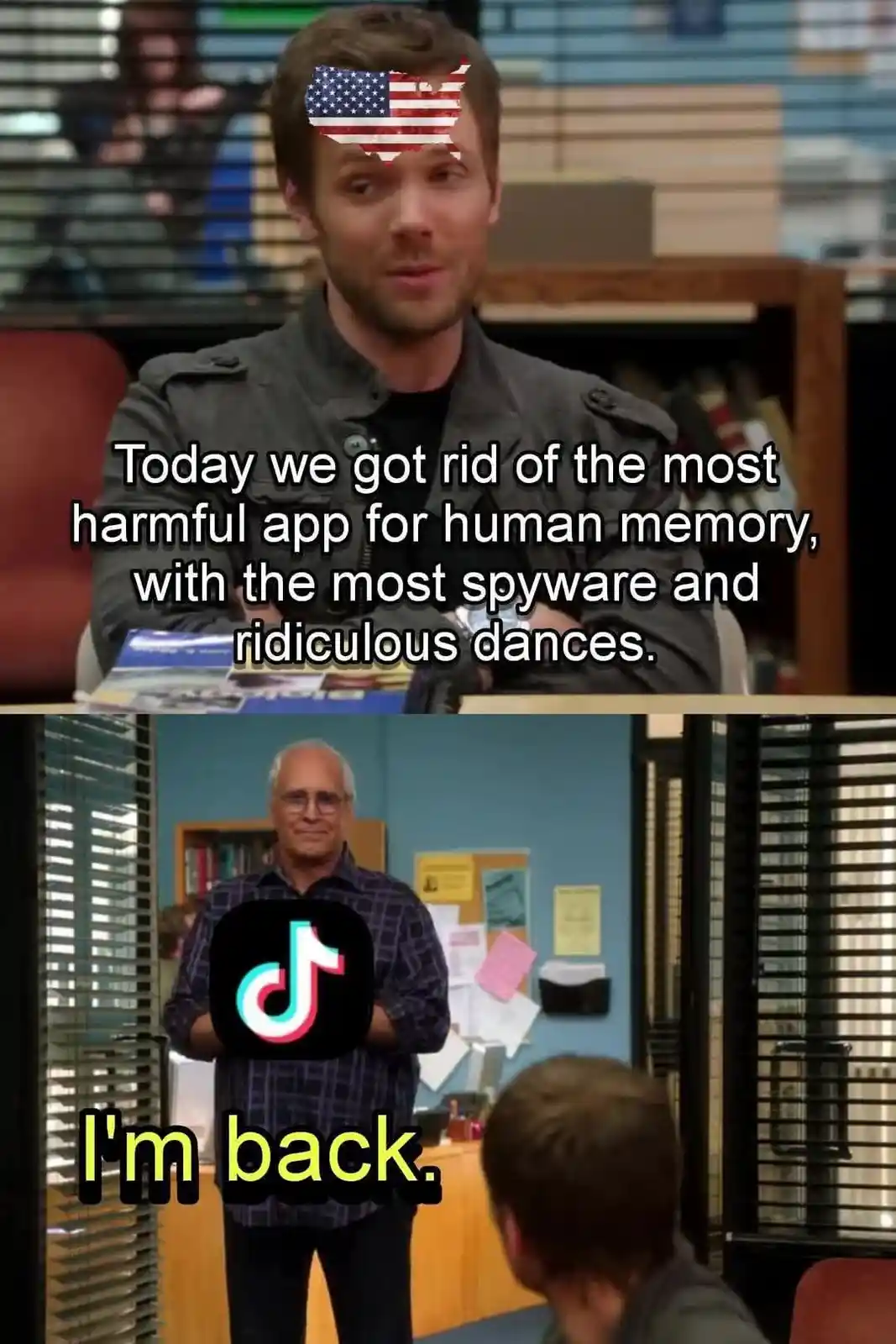 The top panel shows a man with an American flag superimposed over his face, speaking about removing a harmful app. The…