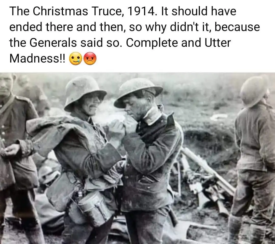 A black and white historical photograph shows two soldiers in World War I uniforms, one wearing a German-style pickelhaube…