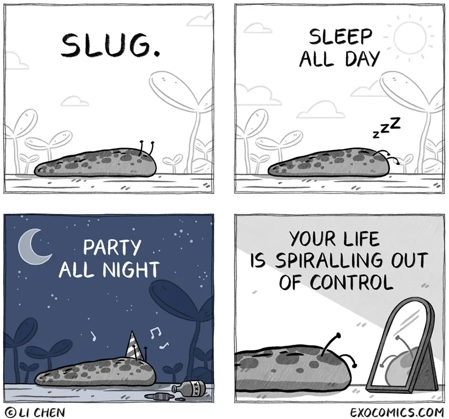 A four-panel comic strip shows a slug living a chaotic life: first labeled 'SLUG,' then sleeping all day, partying all night…