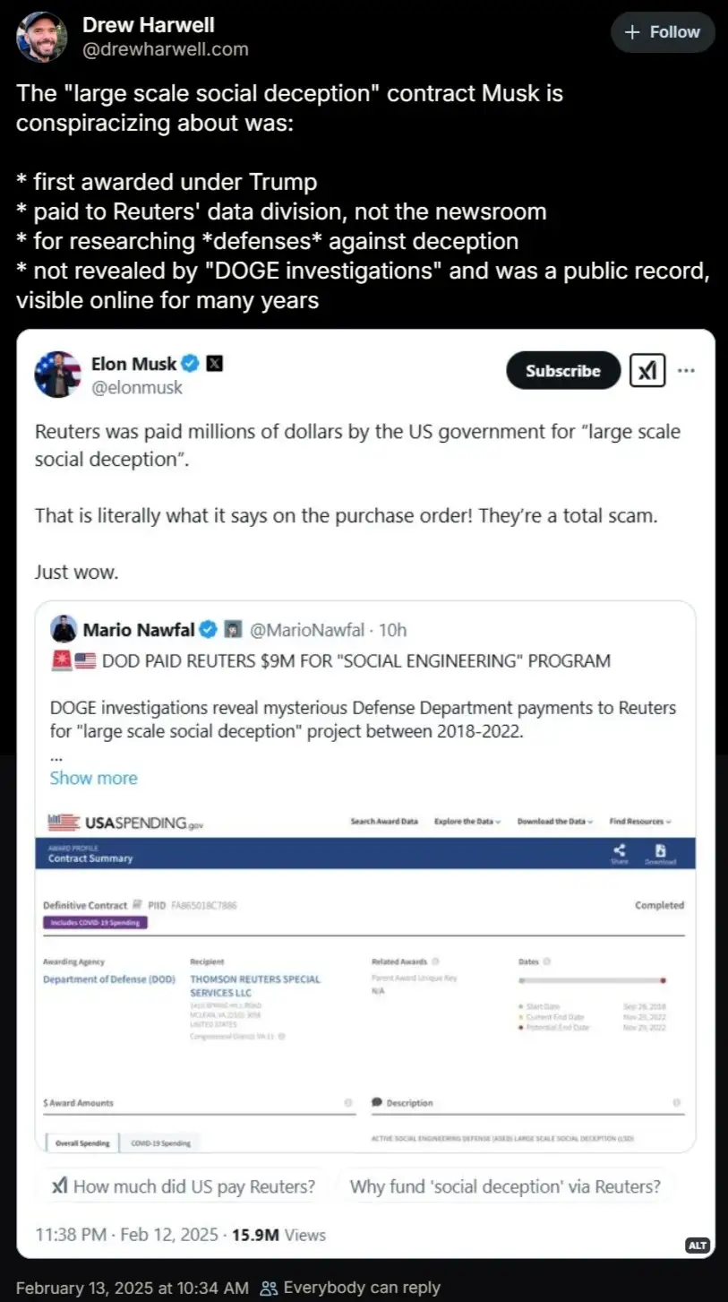 A screenshot of a Twitter thread by Drew Harwell showing Elon Musk's tweet claiming Reuters was paid for 'large scale social…