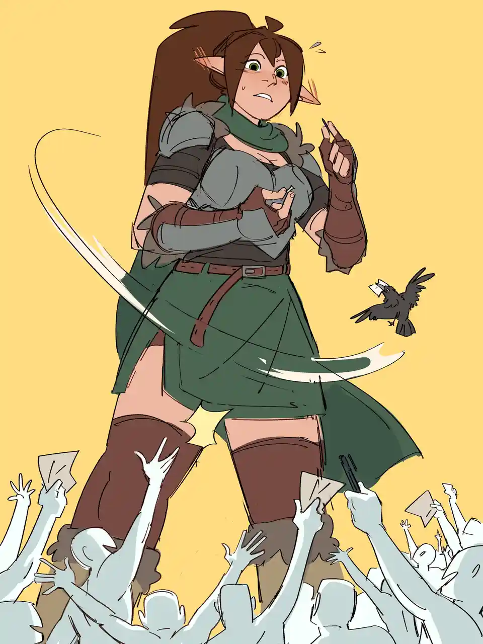 An elf warrior in green and grey armor stands with a sword, looking annoyed as a crowd of faceless, pale hands reaches up…