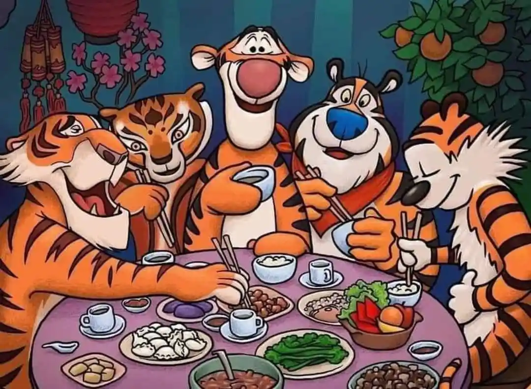 Five cartoon tigers are gathered around a round table laden with various Chinese dishes like dumplings, vegetables, and…