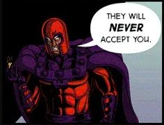 A comic book character with a red helmet and purple armor stands menacingly, holding a glowing object, with a speech bubble…
