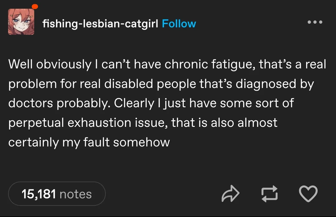 A screenshot of a Tumblr post by user 'fishing-lesbian-catgirl' showing a dark-themed interface with white text. The post…