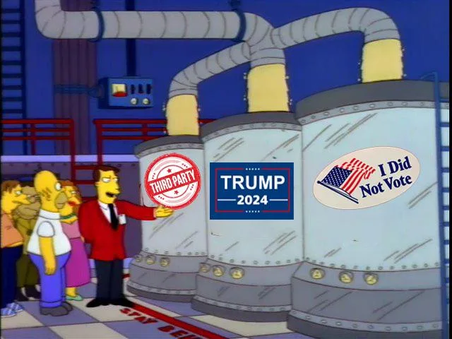 In a scene from The Simpsons, a man in a red suit points to three large industrial tanks. Each tank has a sticker: one red…