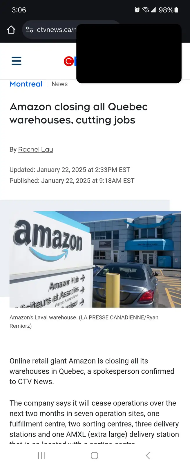 A screenshot of a CTV News article from January 2025 announcing Amazon's closure of all Quebec warehouses and job cuts…