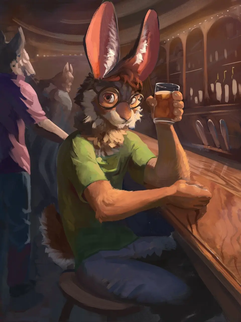 A cartoon rabbit with large ears and glasses sits at a bar, holding a beer glass, looking slightly tipsy. The background…