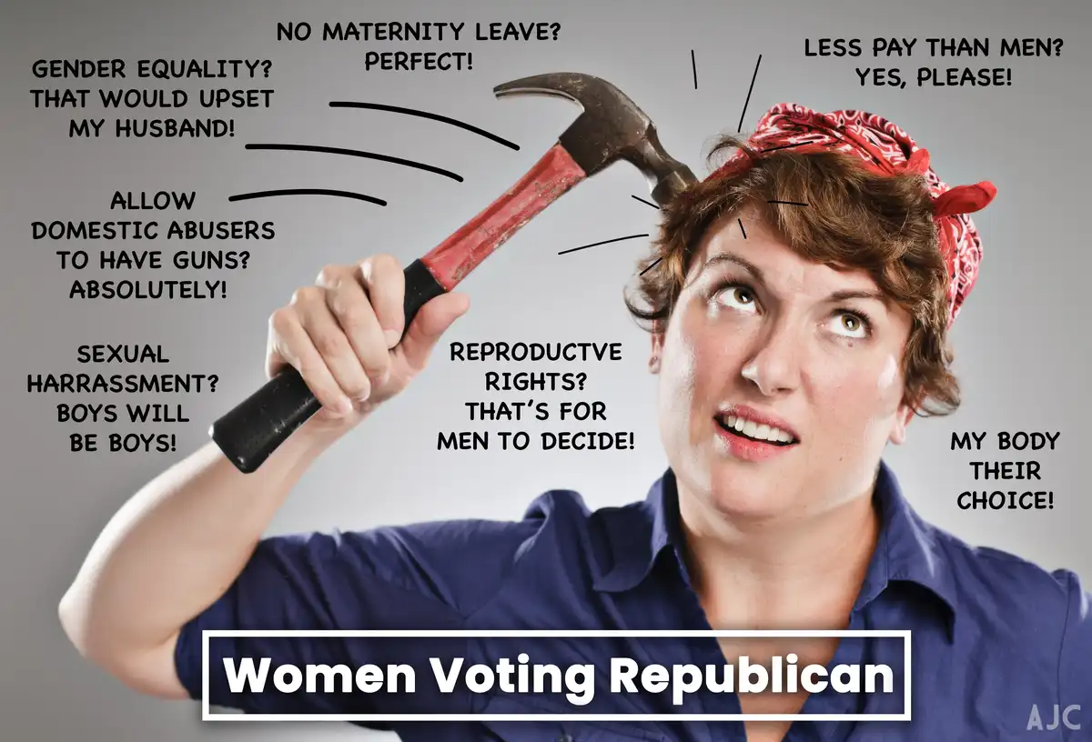 A woman wearing a red bandana and blue shirt holds a hammer raised above her head, with multiple text bubbles around her…