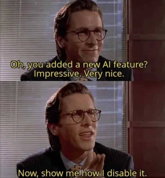 The image is a two-panel meme featuring actor Christian Bale as the character Patrick Bateman from the movie 'American…