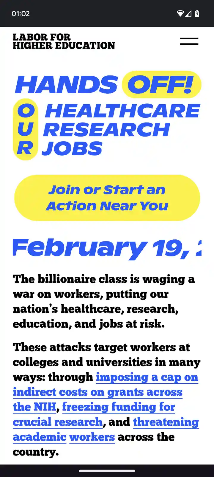A screenshot of a mobile webpage from 'Labor for Higher Education' with bold blue and yellow text. The main headline reads…