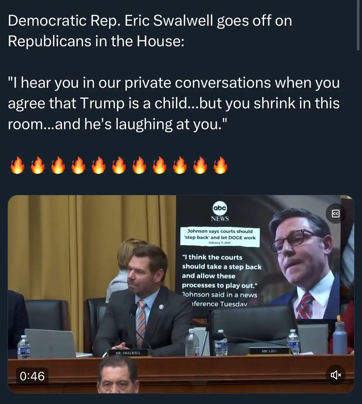 A screenshot of a video frame showing Democratic Rep. Eric Swalwell seated at a congressional hearing table, looking toward…