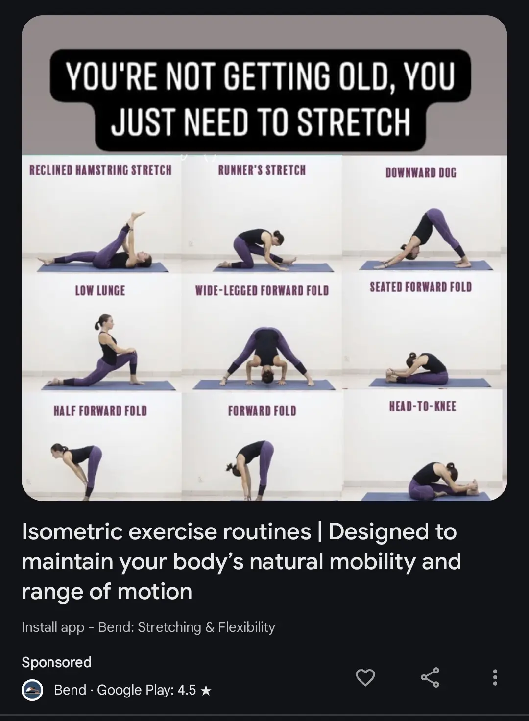 A screenshot of a Google Ads-sponsored ad for the 'Bend: Stretching & Flexibility' app, showing a woman performing nine…