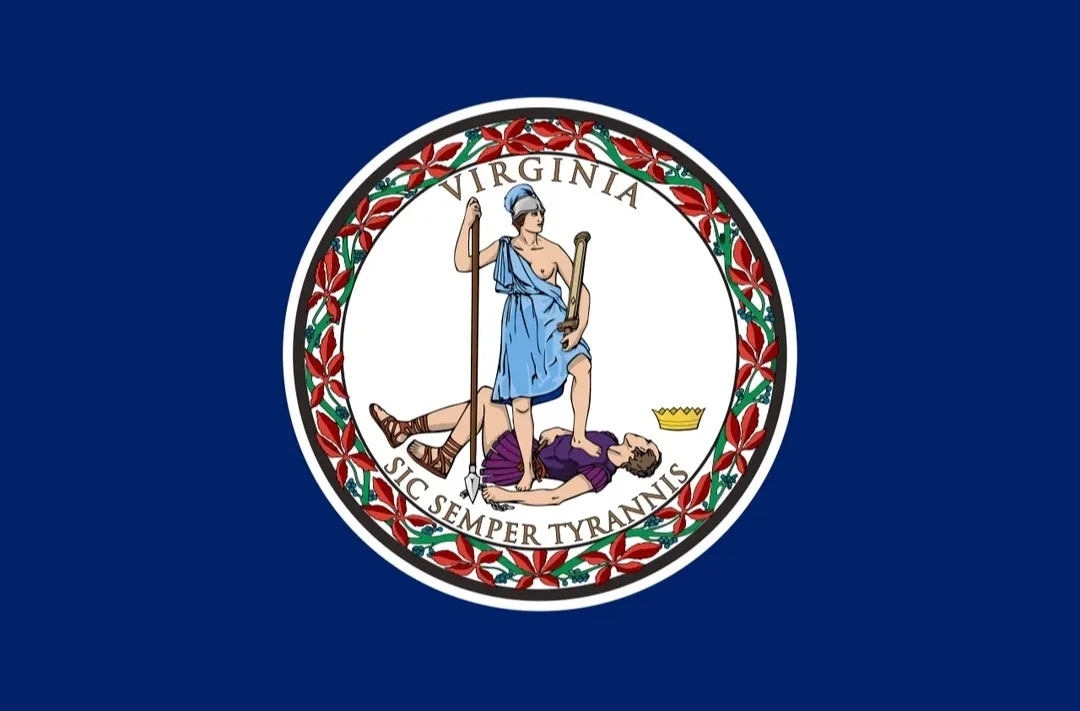 The image displays the official flag of Virginia, featuring a central circular seal on a blue field. The seal depicts a…