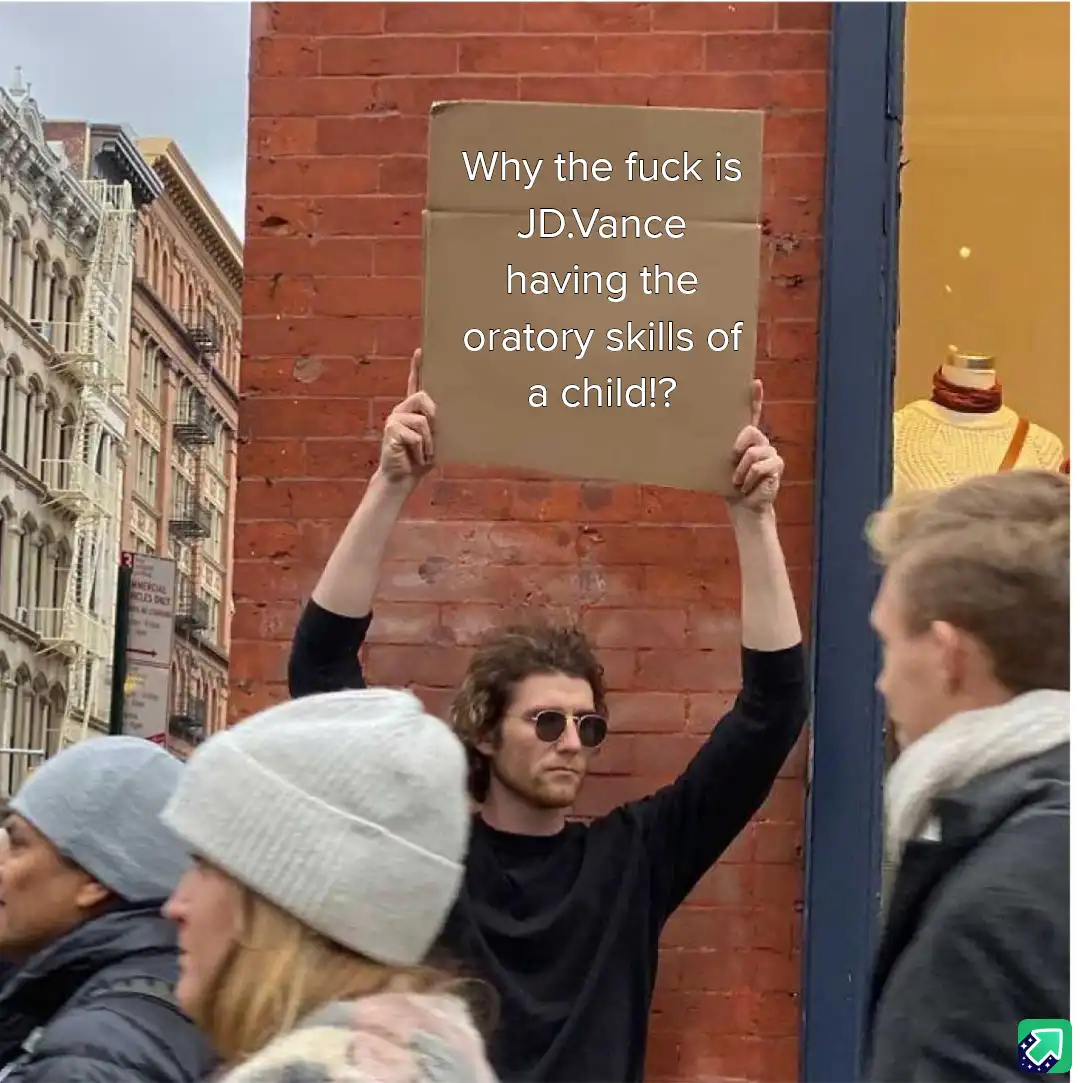 A man with curly hair and sunglasses holds up a cardboard sign with white text asking 'Why the fuck is JD.Vance having the…