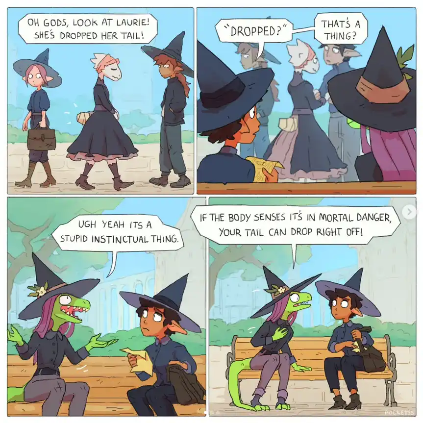 A four-panel comic strip featuring anthropomorphic witch characters. In the first panel, a character exclaims that Laurie…