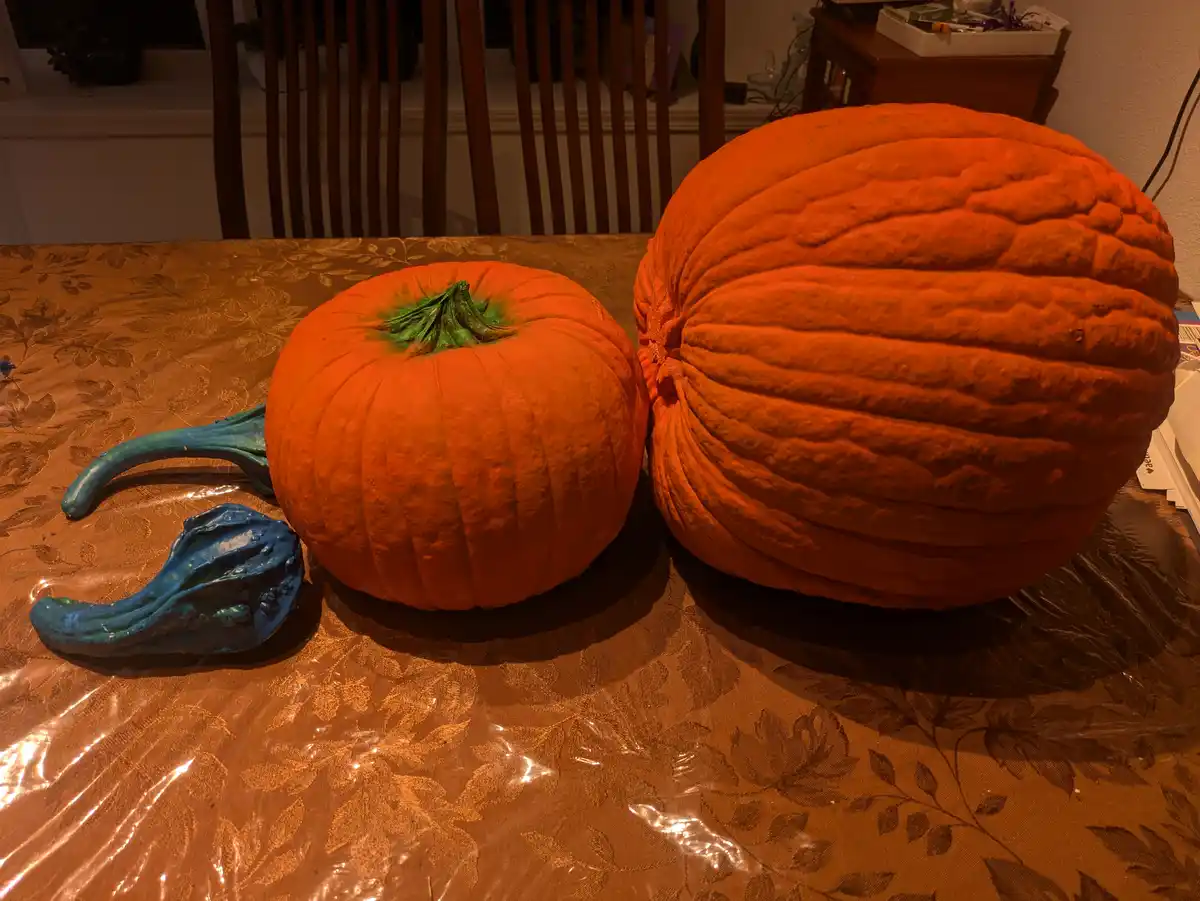 Two pumpkins sit on a patterned tablecloth, one small and one very large, with a blue decorative gourd nearby. The overlaid…