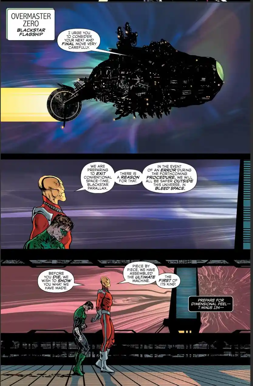 A comic book panel sequence shows a spaceship labeled 'Overmaster Zero Blackstar Flagship' warning an opponent to consider…
