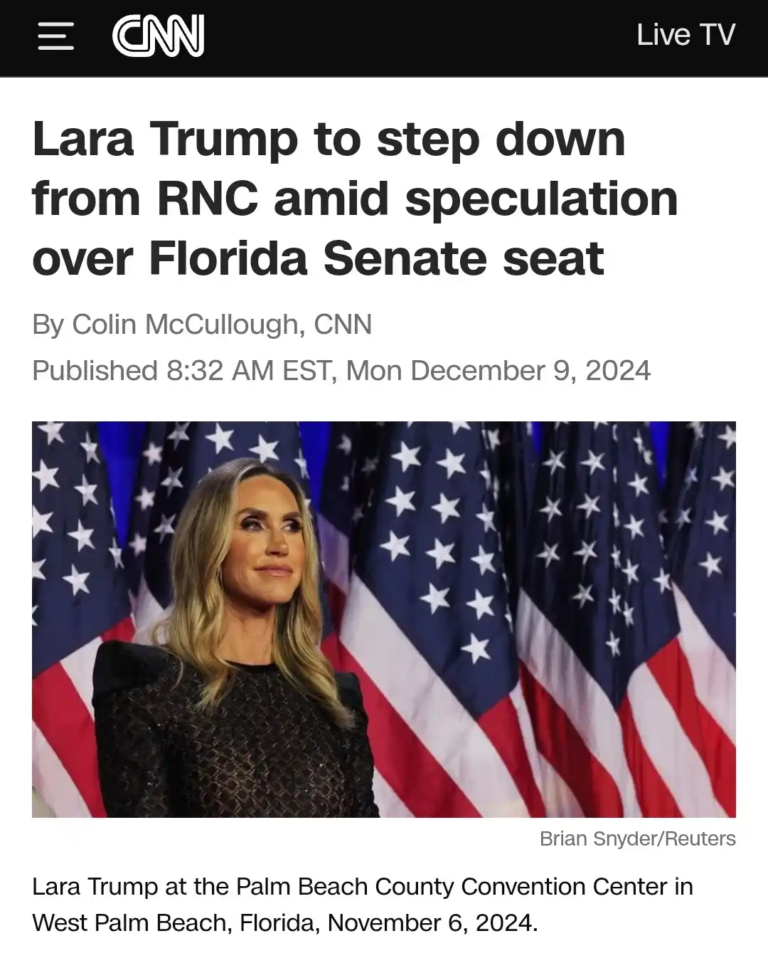 A screenshot of a CNN news article from December 9, 2024, featuring a photo of Lara Trump standing in front of American…