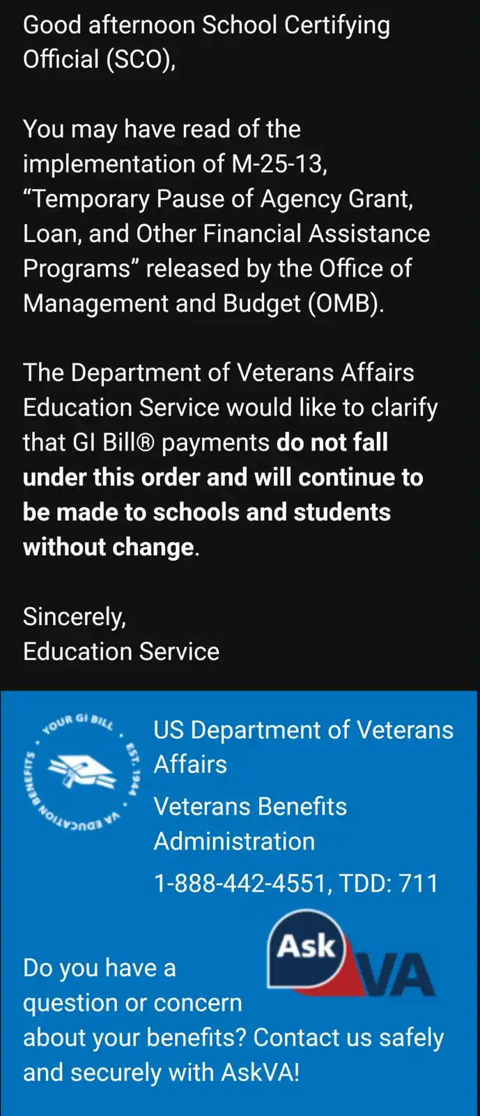 The image displays a formal-looking official letter from the US Department of Veterans Affairs Education Service, clarifying…