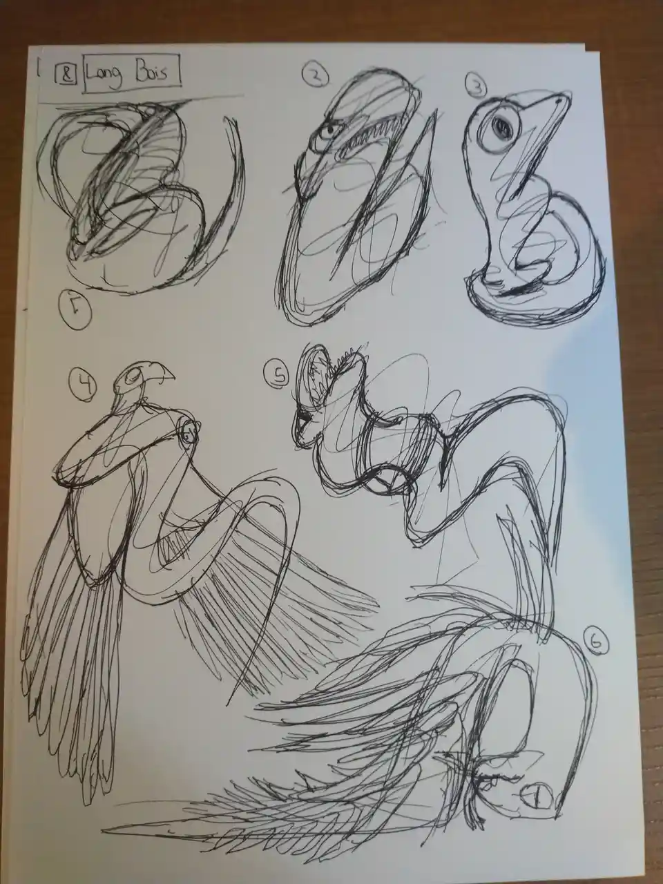 A hand-drawn sketch sheet shows six rough, scribbled character designs labeled 1 through 6, all depicting long, slender…