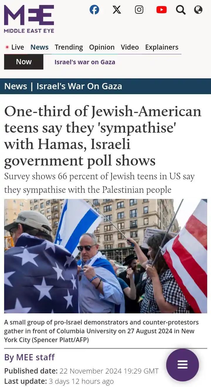 A screenshot of a Middle East Eye news article headline about a poll showing Jewish-American teens sympathizing with Hamas…
