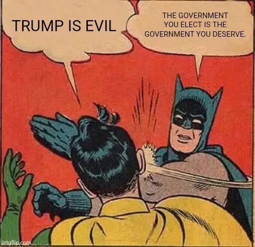 Batman is shown punching a man in a yellow shirt from behind, with the man's speech bubble reading 'TRUMP IS EVIL' and…
