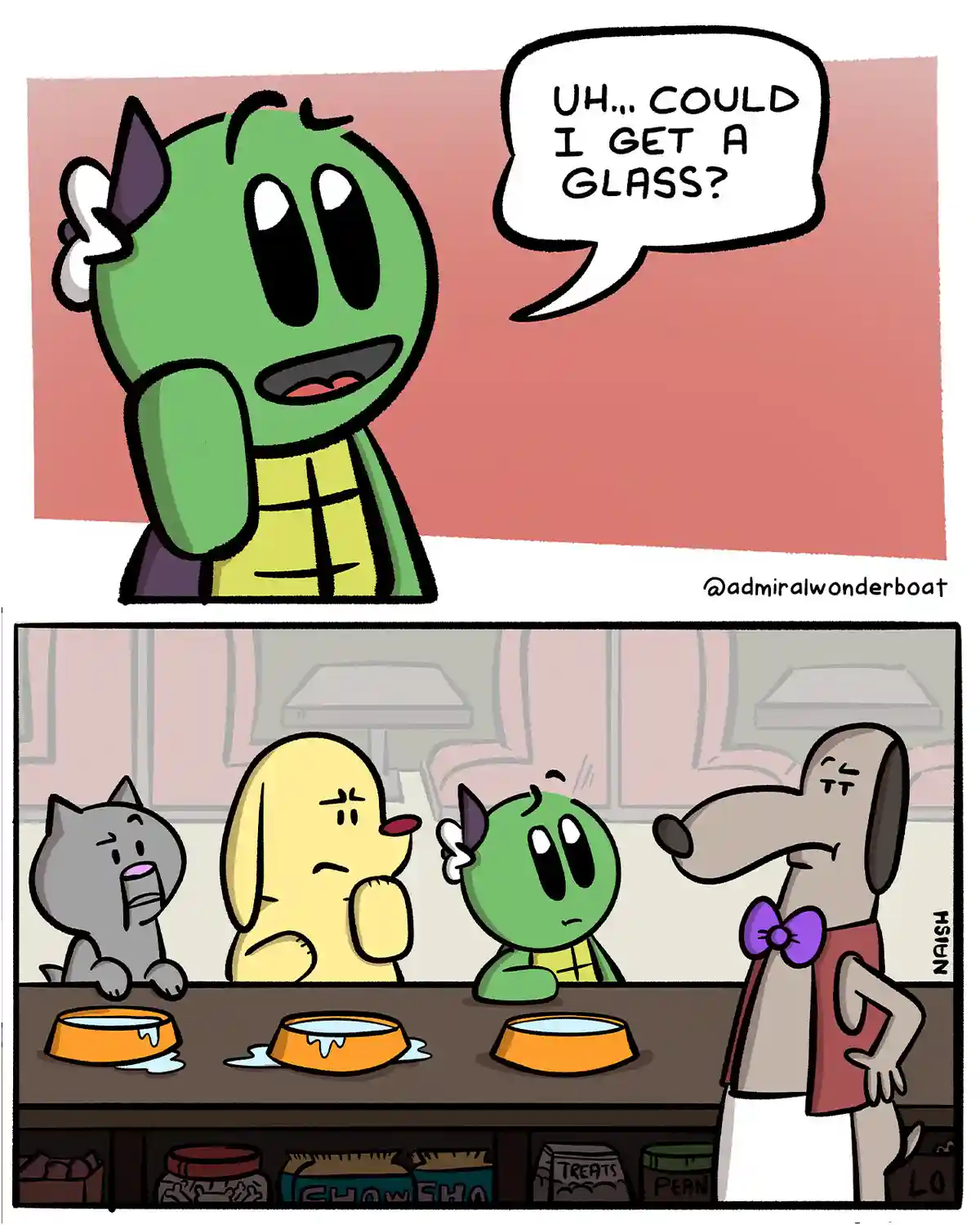 A green, horned cartoon character nervously asks for a glass while sitting at a counter with other animals, including a cat…