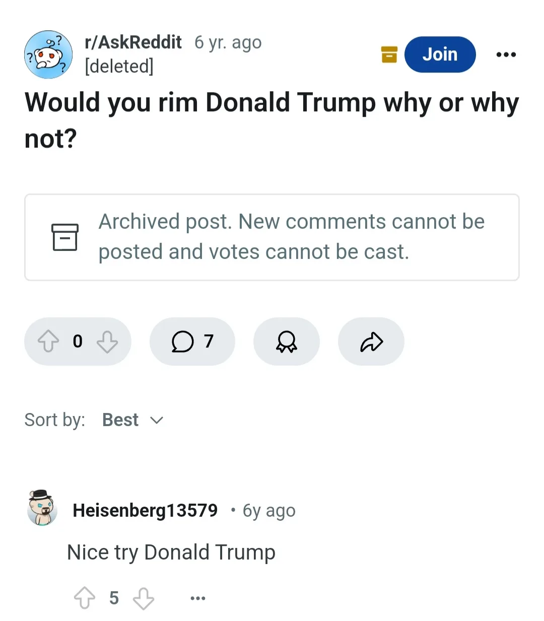 A screenshot of a deleted r/AskReddit post from 6 years ago asking 'Would you rim Donald Trump why or why not?' Below it, a…