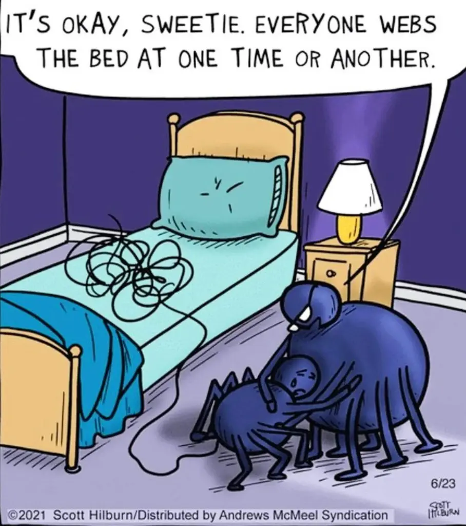 A cartoon depicts a large blue spider comforting a smaller, distressed blue spider by hugging it near a messy bed covered in…