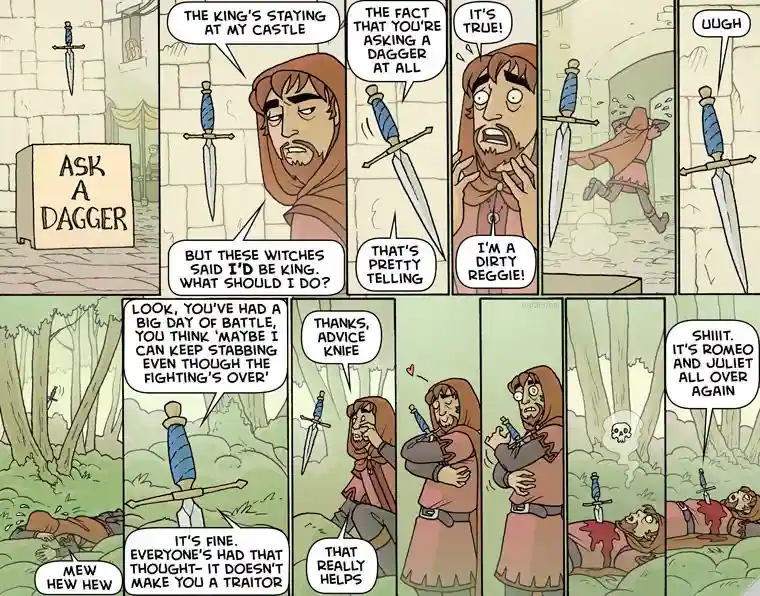 A comic strip shows a medieval knight asking a dagger for advice on being king, then later asking it for advice on…