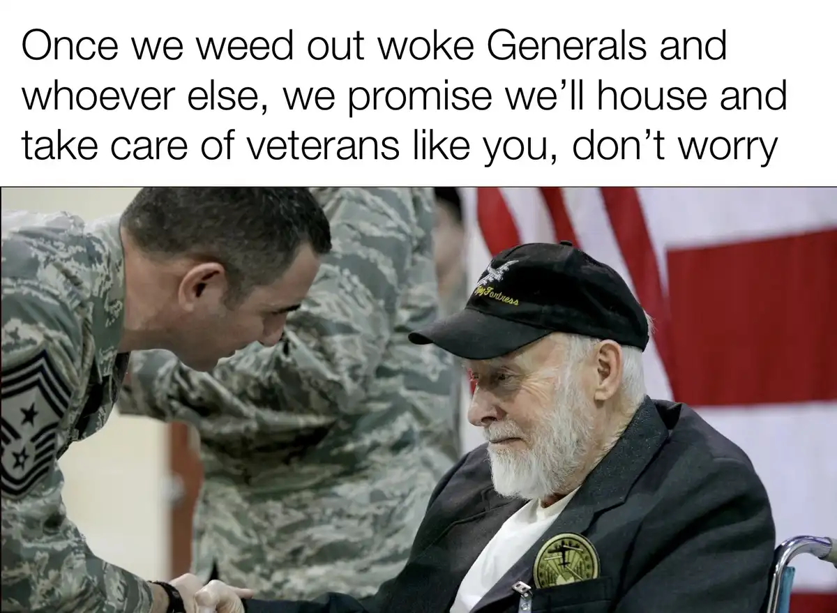 A photo shows a young soldier in camouflage uniform leaning down to shake hands with an elderly veteran seated in a…