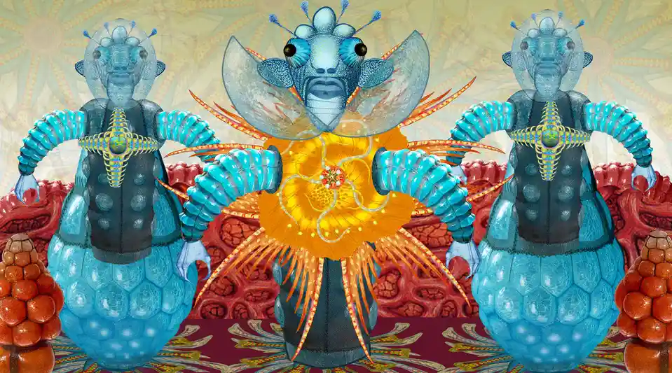 Three symmetrical, blue, insectoid alien figures with large eyes and segmented limbs stand in a triptych formation. The…