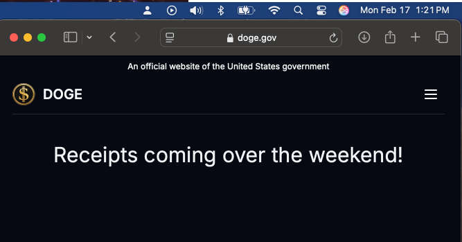 A screenshot of a web browser showing a fake government website with the URL 'doge.gov' and a logo featuring a dollar sign…