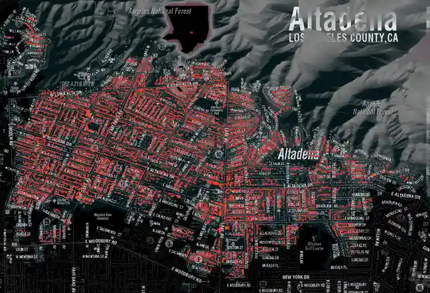 A grayscale topographic map of Altadena, Los Angeles County, CA, with streets and landmarks labeled. The entire urban area…