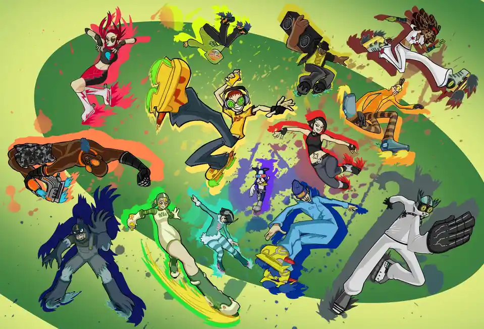 A vibrant, chaotic illustration features multiple stylized cartoon characters in dynamic, mid-air poses around a central…