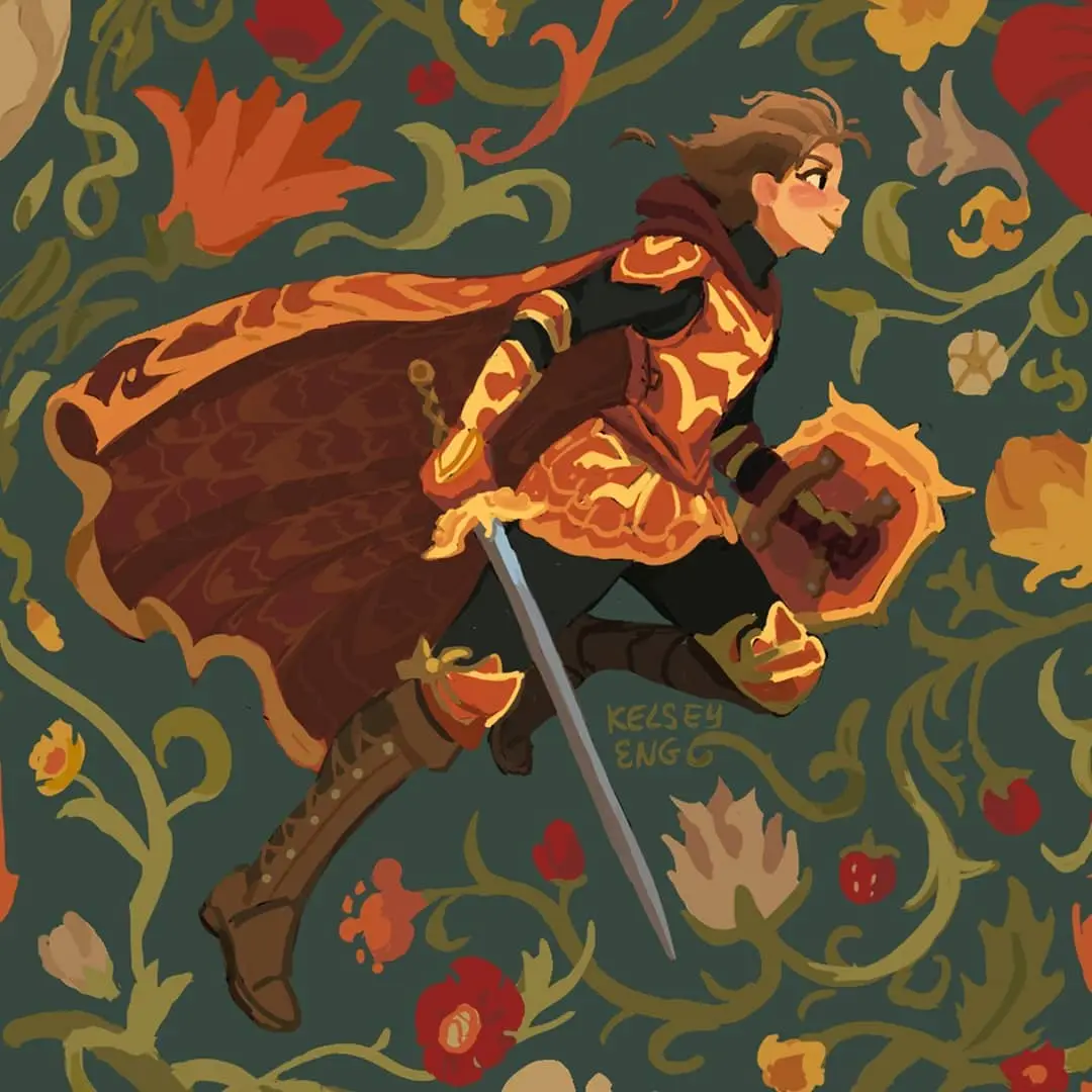An illustration of a young knight in orange and brown armor with a flowing cape, holding a sword and shield, set against a…