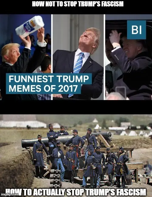 The image is a two-panel meme. The top panel shows three photos of Donald Trump: one holding a toilet paper roll, one…