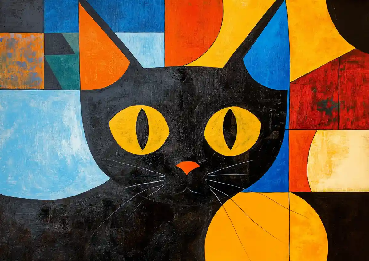 A stylized painting of a black cat with yellow eyes and an orange nose, set against a colorful abstract background of…