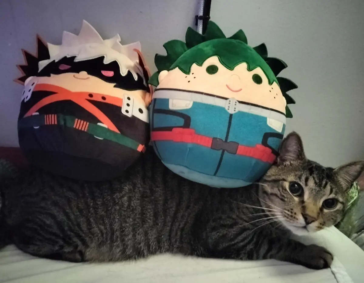 A tabby cat lies on a bed, looking at the camera, with two large, round, anime-style plush toys resting on its back. The…