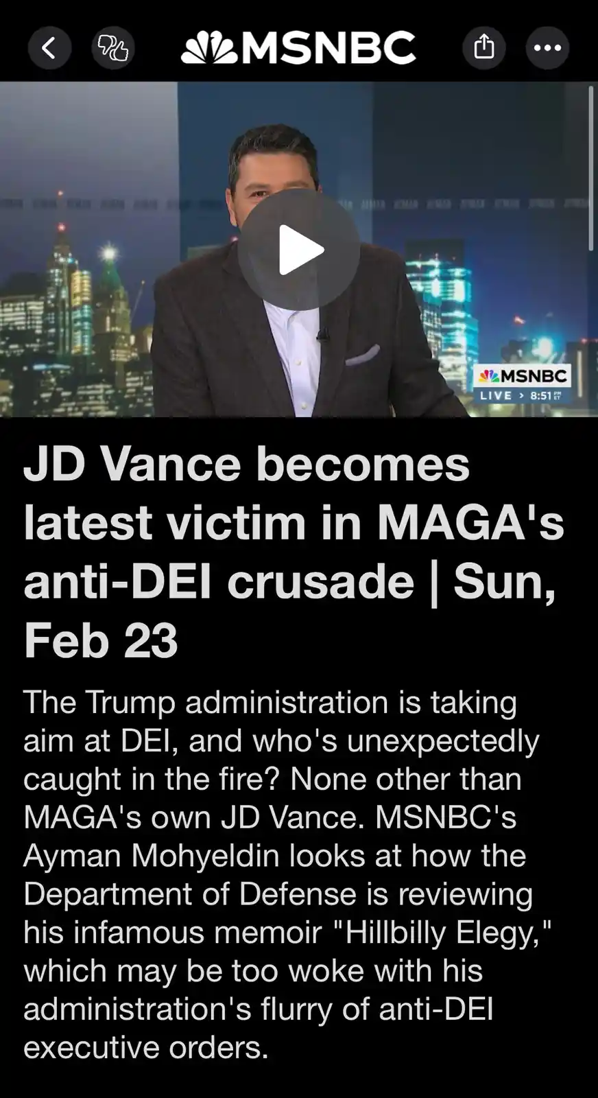 A screenshot of an MSNBC news video thumbnail featuring anchor Ayman Mohyeldin. The overlaid text reads: 'JD Vance becomes…