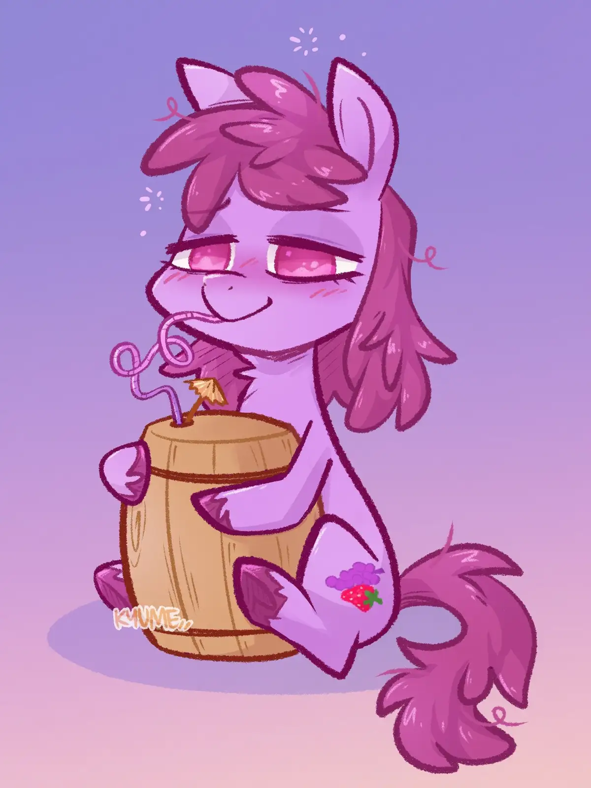 A purple cartoon pony with pink eyes and a strawberry-and-grapes cutie mark is sitting happily while sipping from a large…