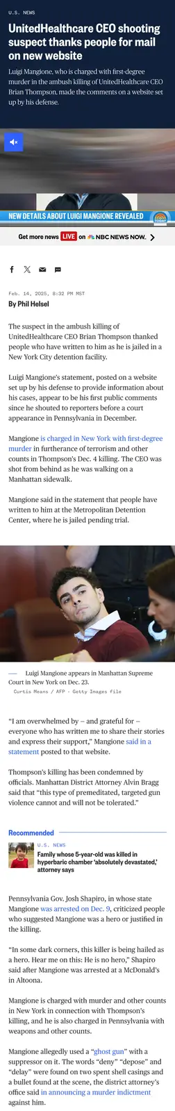 A screenshot of an NBC News article about Luigi Mangione, the suspect in the killing of UnitedHealthcare CEO Brian Thompson…