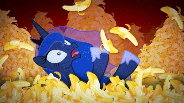 The image shows two panels: the top has a blue pony, likely Tempest Shadow, lying in a pile of bananas with a smug…
