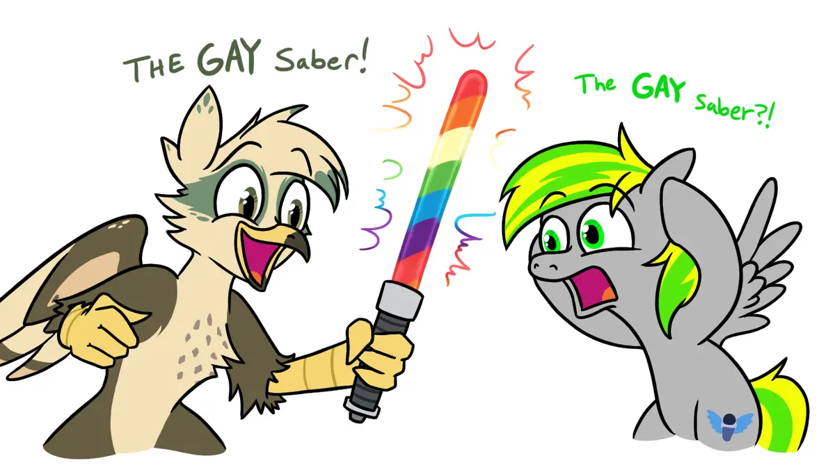 A cartoon hawk-like creature proudly holds up a rainbow-colored lightsaber, exclaiming 'THE GAY Saber!' while a surprised…